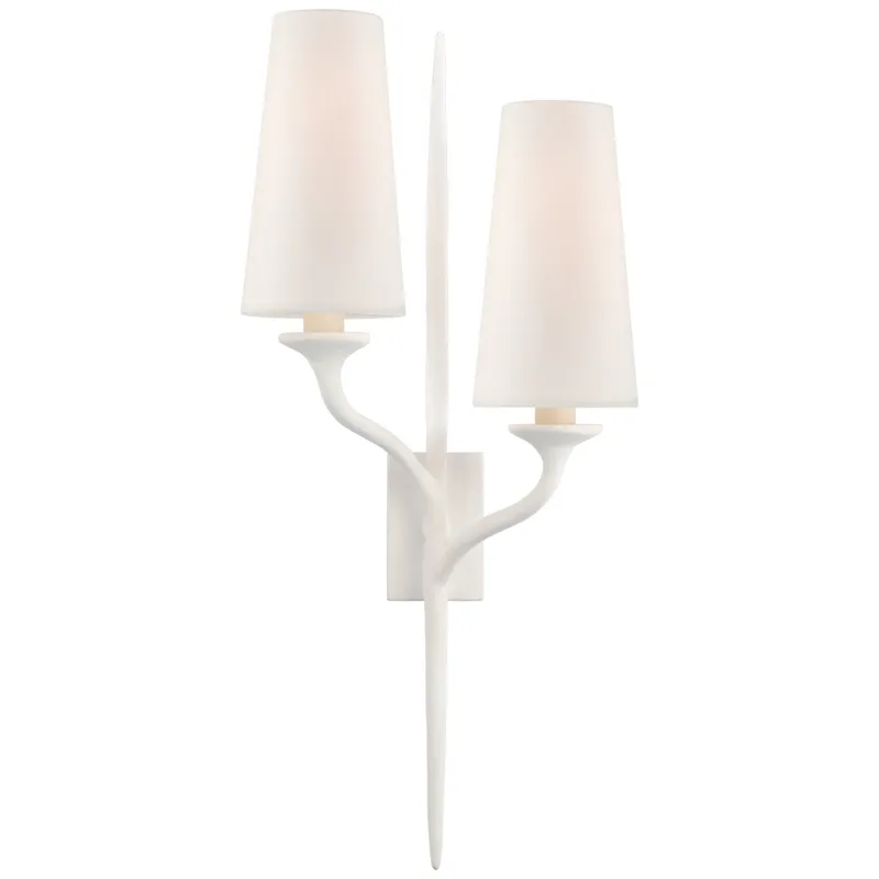 Julie Neill Iberia Double Left Sconce in Plaster White with Linen Shades Wall Light W11" x H24"