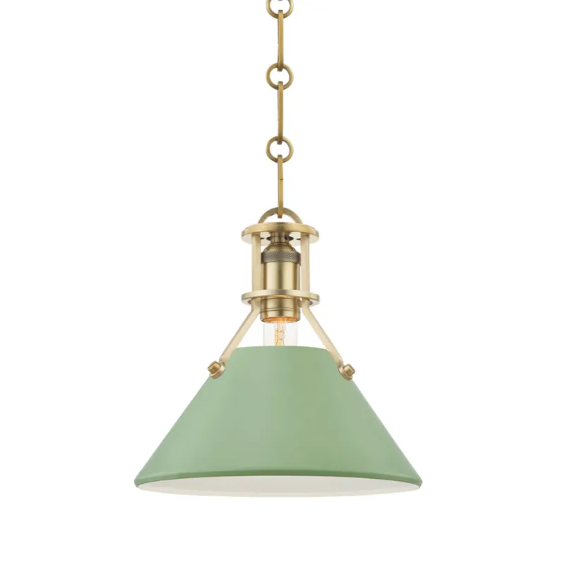 Painted No. 2 1-Light Pendant in Aged Brass by Mark D. Sikes 9.5W x 9.25H (Leaf Green)