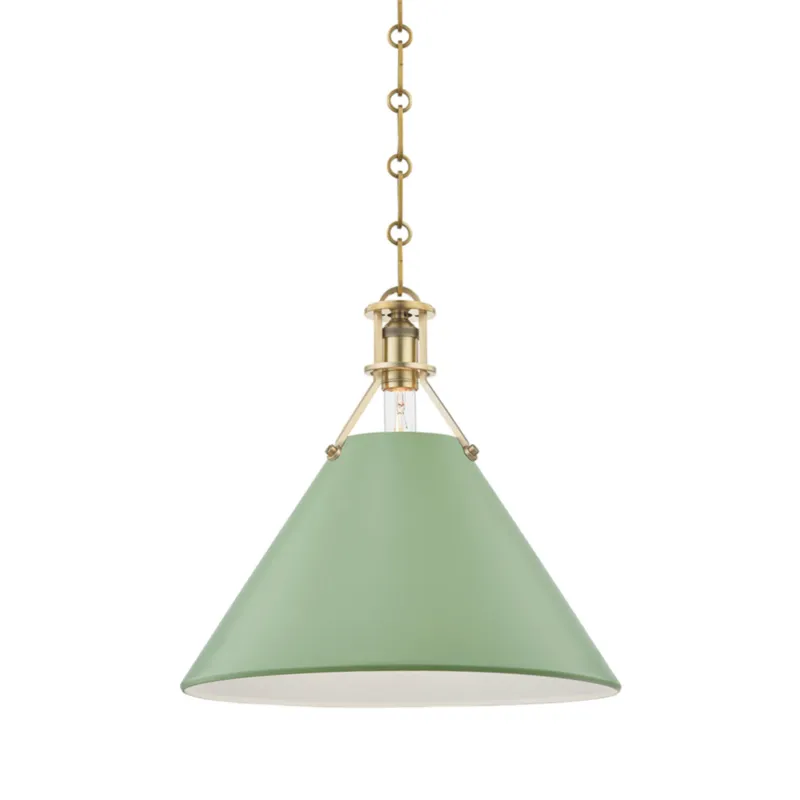 Painted No. 2 1-Light Pendant in Aged Brass by Mark D. Sikes 16W x 14.5H (Leaf Green)