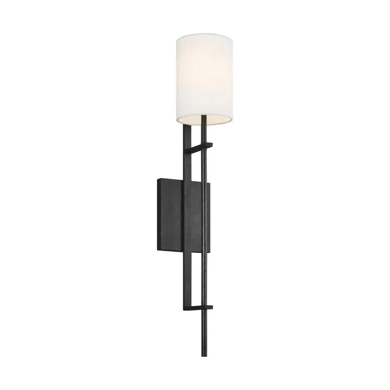 Ansley Wall Sconce Contemporary/ Modern Bath Fixture 4.75" Width 26.5" Height Steel Round White Linen Shade in Aged Iron