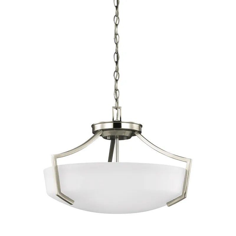 Hanford Three Light Ceiling Convertible Pendant Transitional Fixture 14.25" Height Steel Round Satin Etched Shade in Brushed Nickel