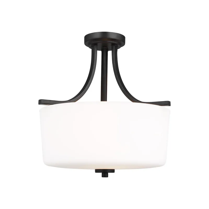 Kemal Three Light Semi-Flush Mount Transitional Ceiling Fixture 12.5" Height Steel Round Etched / White Inside Shade in Midnight Black