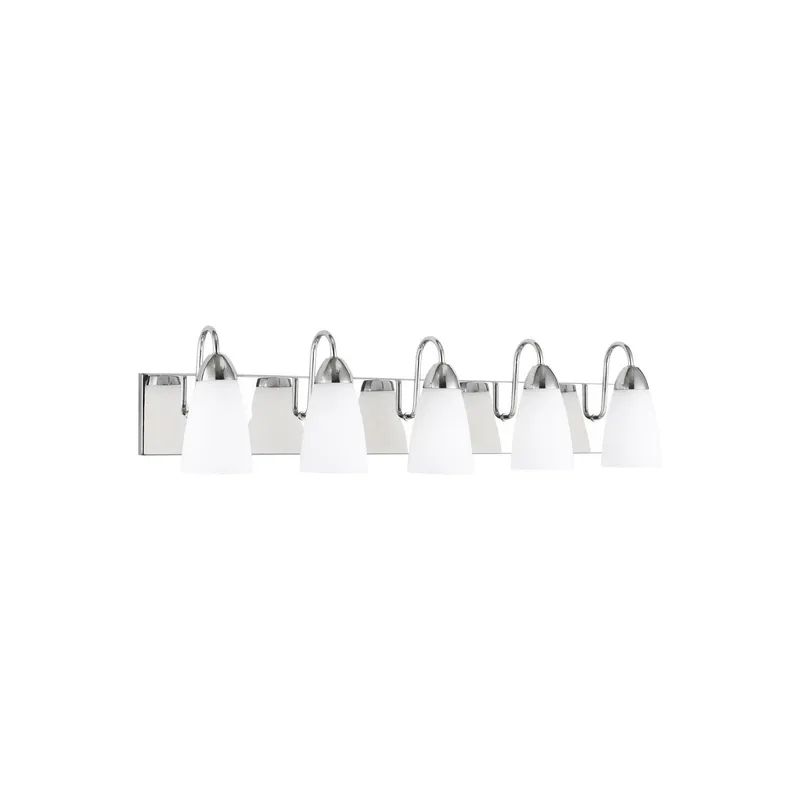 Seville Five Light Wall / Bath Transitional Fixture 35.875" Width 8.5" Height Steel Round Etched White Inside Shade in Chrome