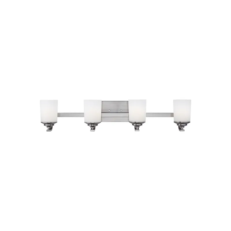 Kemal Four Light Wall / Bath Transitional Fixture 34" Width 7.125" Height Steel Round Etched White Inside Shade in Brushed Nickel