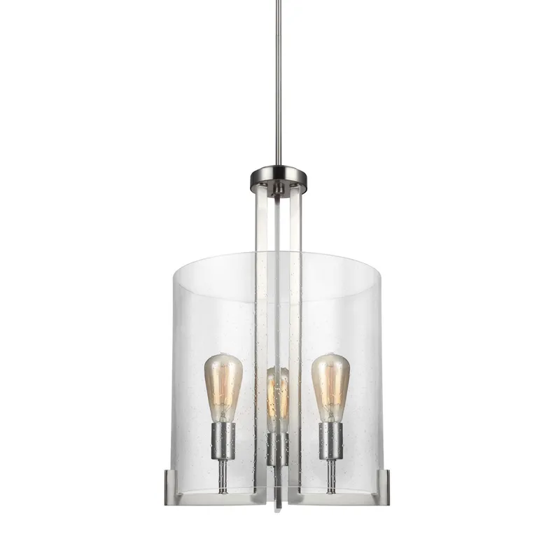Dawes Three Light Hall / Foyer Transitional Pendant 23.5" Height Steel Round Clear Seeded Shade in Brushed Nickel