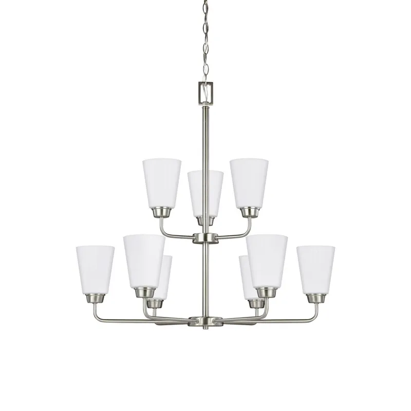 Kerrville Nine Light Chandelier Transitional 29.5" Height Steel Round Satin Etched Shade in Brushed Nickel