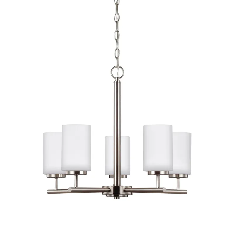 Oslo Five Light Chandelier LED Contemporary 20" Height Steel Round Cased Opal Etched Shade in Brushed Nickel