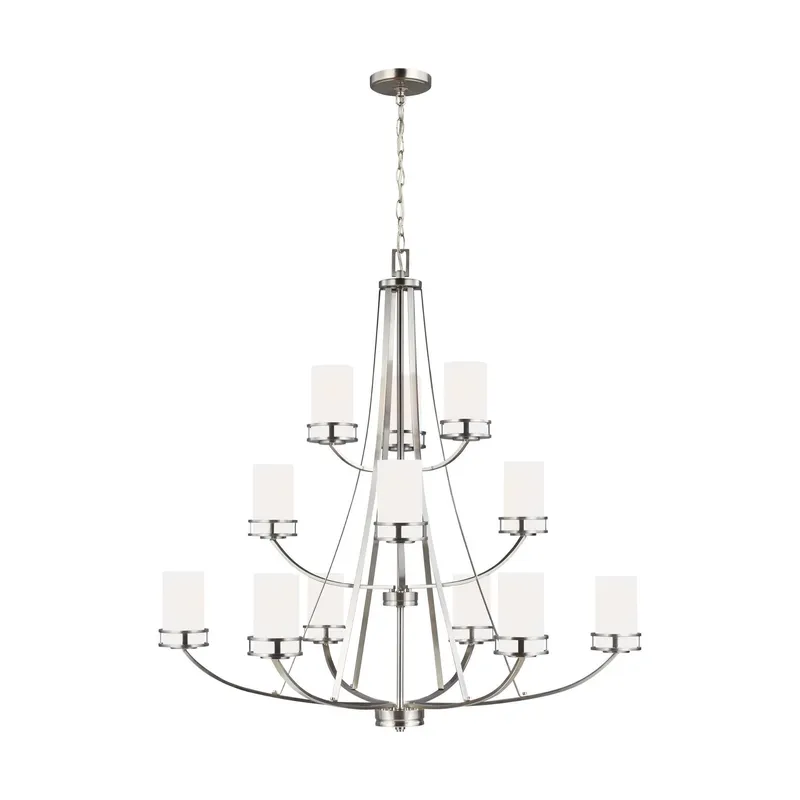 Robie Twelve Light Chandelier Transitional 40.625" Height Steel Round Etched / White Inside Shade in Brushed Nickel