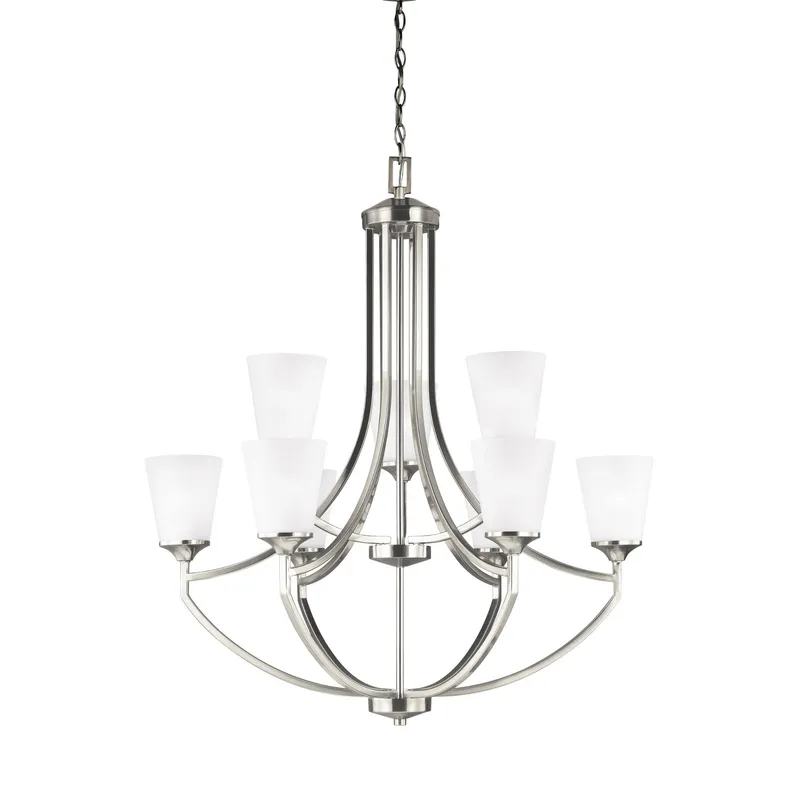 Hanford Nine Light Chandelier Transitional 37" Height Steel Round Satin Etched Shade in Brushed Nickel