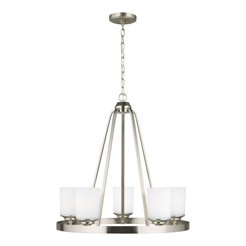 Kemal Five Light Chandelier LED Transitional 24" Height Steel Round Etched / White Inside Shade in Brushed Nickel