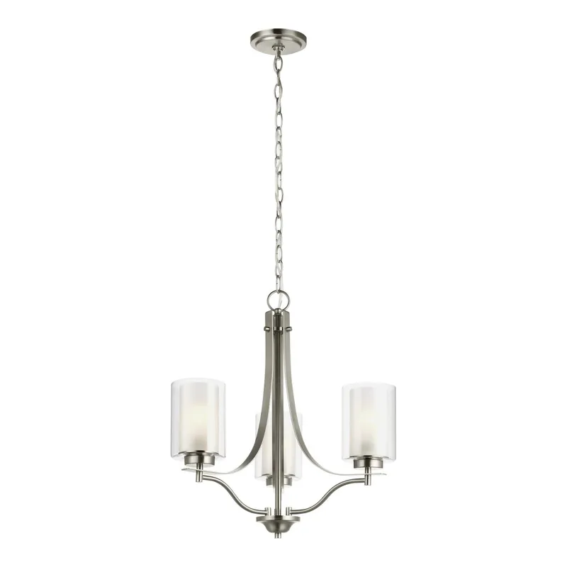 Elmwood Park Three Light Chandelier Traditional 21" Height Steel Round Satin Etched Shade in Brushed Nickel