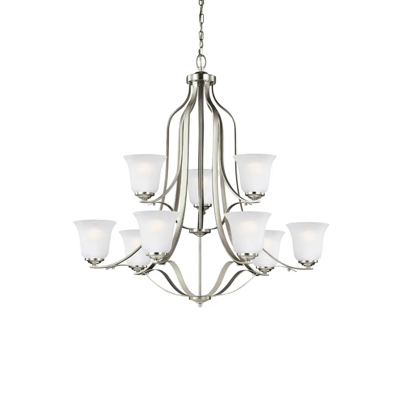 Emmons Nine Light Chandelier Traditional 35" Height Steel Round Satin Etched Shade in Brushed Nickel