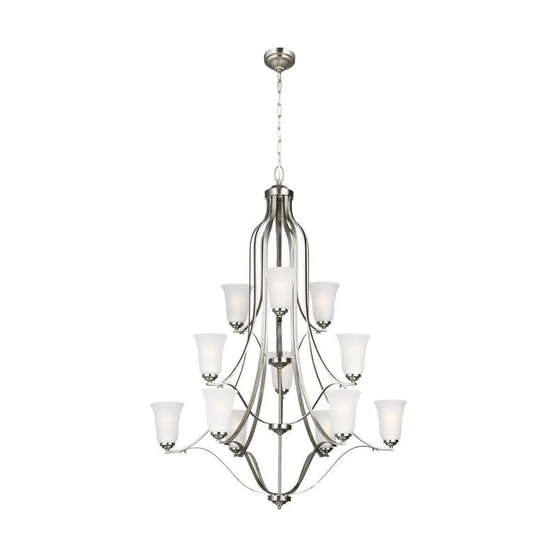 Emmons Twelve Light Chandelier Traditional 44" Height Steel Round Satin Etched Shade in Brushed Nickel