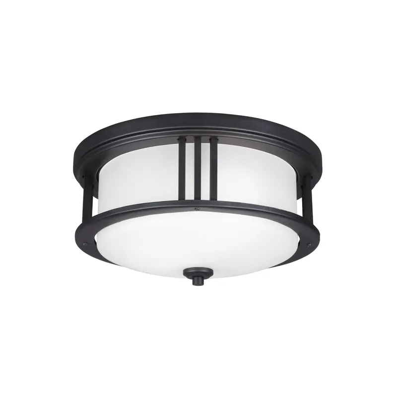 Crowell Two Light Outdoor Ceiling Flush Mount Contemporary Fixture 7" Height Aluminum Round Satin Etched Shade in Black