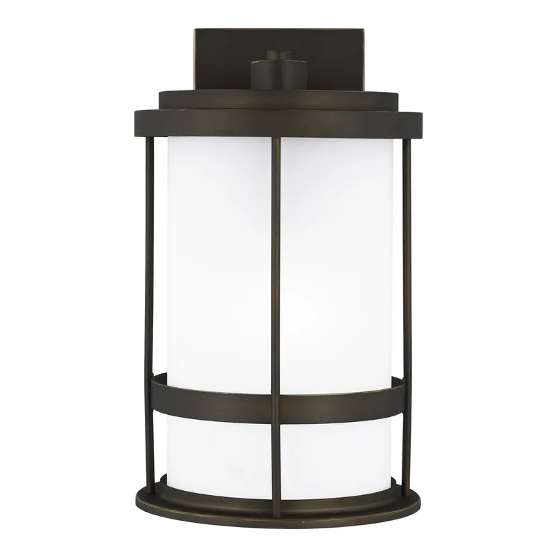 Wilburn Medium One Light Outdoor Wall Lantern LED Transitional Fixture Dark Sky 8" Width 13.5" Height Aluminum Round Satin Etched Shade in Antique Bronze