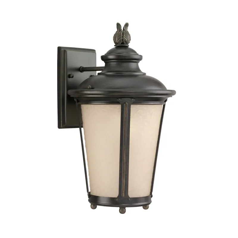 Cape May Medium One Light Outdoor Wall Lantern LED Traditional Fixture 9" Width 15.5" Height Aluminum Round Etched Hammered with Amber Shade in Burled Iron