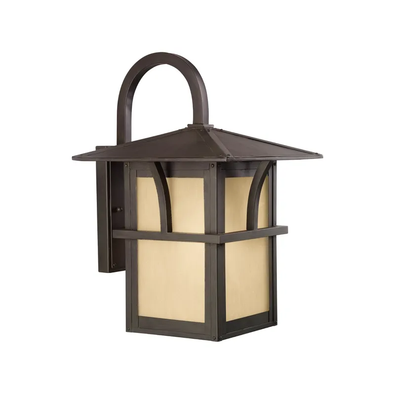 Medford Lakes One Light Outdoor Wall Lantern Transitional Fixture 11" Width 17" Height Aluminum Etched Hammered with Amber Shade in Statuary Bronze