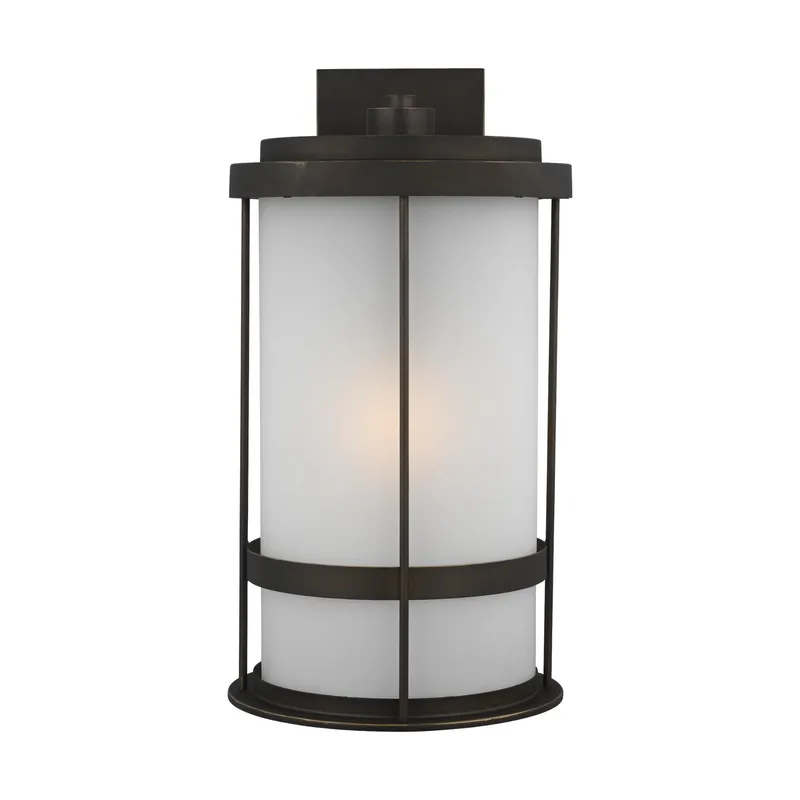 Wilburn Extra Large One Light Outdoor Wall Lantern Transitional Fixture 12.625" Width 24" Height Aluminum Round Satin Etched Shade in Antique Bronze