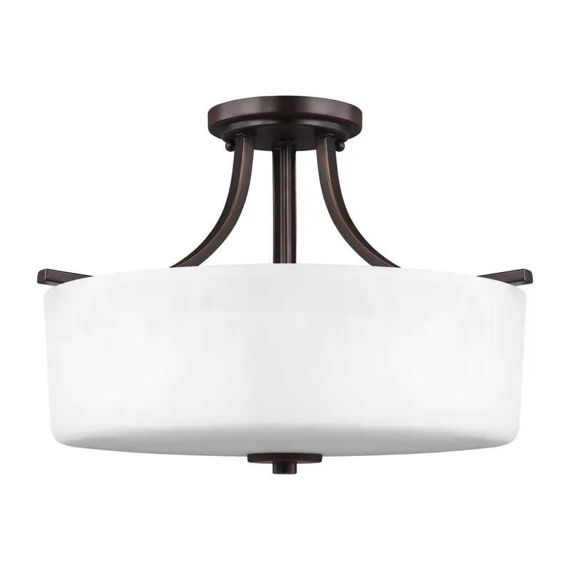 Canfield Three Light Semi-Flush Mount Modern Ceiling Fixture 12.5" Height Steel Round Etched / White Inside Shade in Bronze