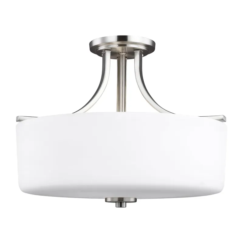 Canfield Three Light Semi-Flush Mount Modern Ceiling Fixture 12.5" Height Steel Round Etched / White Inside Shade in Brushed Nickel