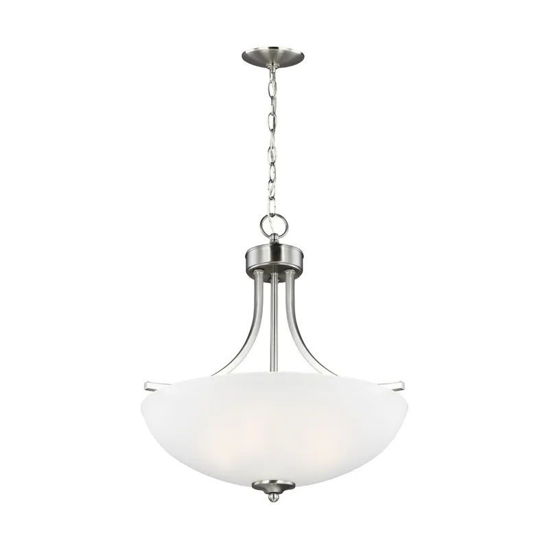 Geary Medium Three Light Pendant Transitional 20.625" Height Steel Round Satin Etched Shade in Brushed Nickel