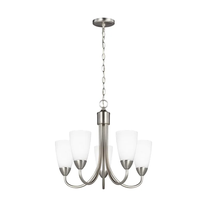 Seville Five Light Chandelier Transitional 17.5" Height Steel Round Etched / White Inside Shade in Brushed Nickel