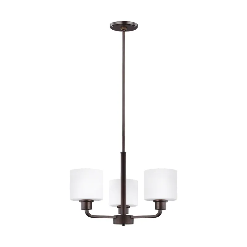 Canfield Three Light Chandelier Modern 13.125" Height Steel Round Etched / White Inside Shade in Bronze