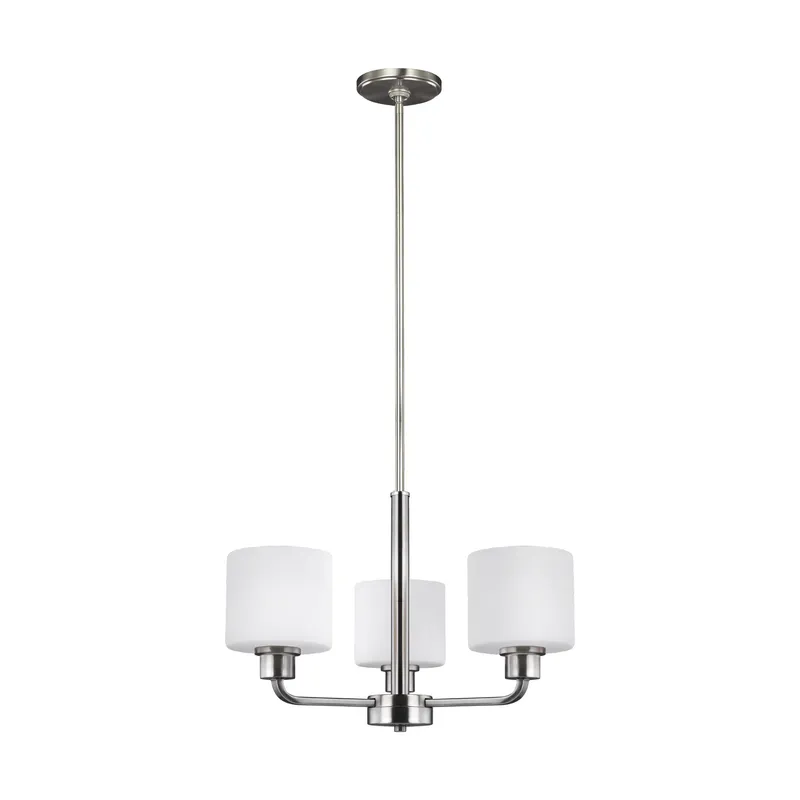 Canfield Three Light Chandelier Modern 13.125" Height Steel Round Etched / White Inside Shade in Brushed Nickel