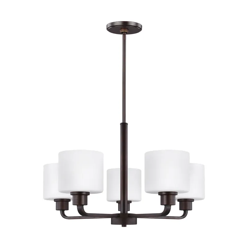 Canfield Five Light Chandelier Modern 14.5" Height Steel Round Etched / White Inside Shade in Bronze