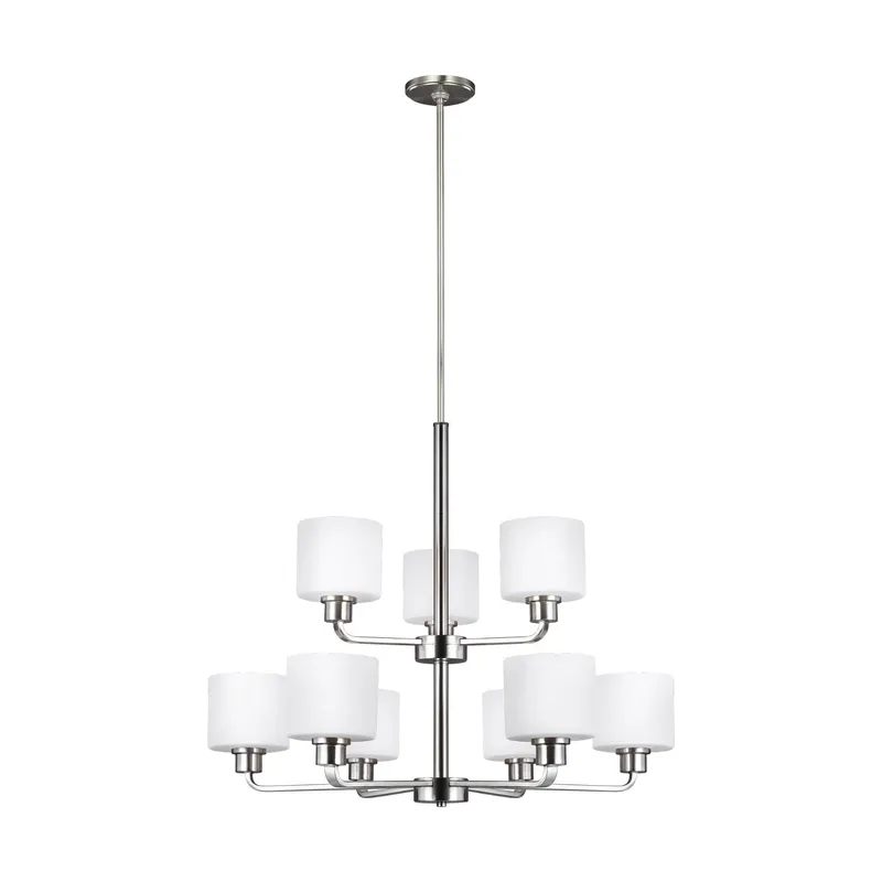 Canfield Nine Light Chandelier Modern 26" Height Steel Round Etched / White Inside Shade in Brushed Nickel