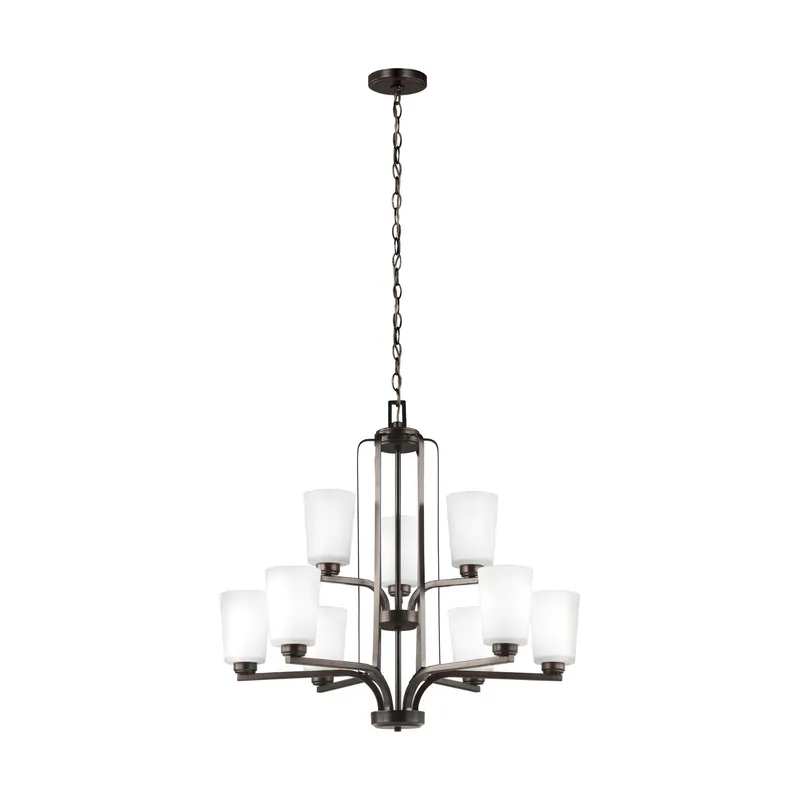 Franport Nine Light Chandelier Traditional 27.625" Height Steel Round Etched / White Inside Shade in Bronze