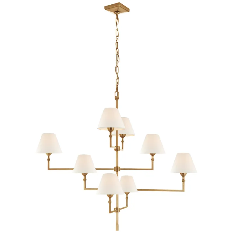 Alexa Hampton Jane Large Offset Chandelier in Hand-Rubbed Antique Brass with Linen Shades Ceiling Light W47.75" x H41"