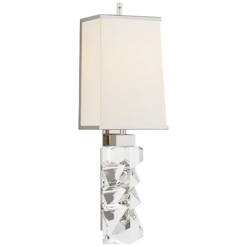 Thomas O'Brien Argentino Large Sconce in Crystal and Polished Nickel with Linen Shade with Nickel Trimmed Shade Wall Light W6.5" x H22.25"