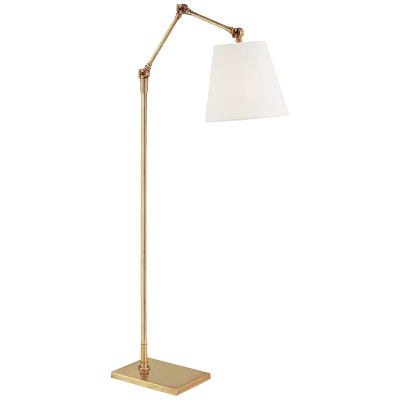 Suzanne Kasler Graves Articulating Floor Lamp in Hand-Rubbed Antique Brass with Linen Shade W10" x H50" - 58.75"