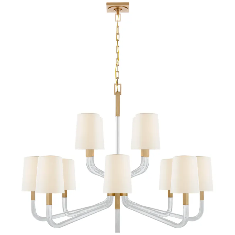 Chapman & Myers Reagan Grande Two Tier Chandelier in Antique-Burnished Brass and Crystal with Linen Shades Ceiling Light W44.75" x H35.5"