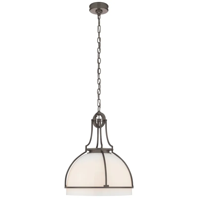 Chapman & Myers Gracie Large Dome Pendant in Bronze with White Glass Ceiling Light W19" x H24.5"