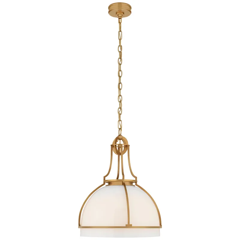 Chapman & Myers Gracie Large Dome Pendant in Antique-Burnished Brass with White Glass Ceiling Light W19" x H24.5"