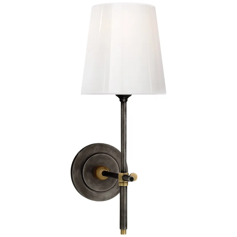 Thomas O'Brien Bryant Sconce in Bronze and Hand-Rubbed Antique Brass with White Glass Wall Light W5.5" x H14.5"