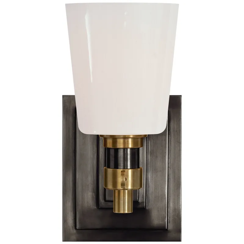 Thomas O'Brien Bryant Single Bath Sconce in Bronze and Hand-Rubbed Antique Brass with White Glass Wall Light W4" x H8"