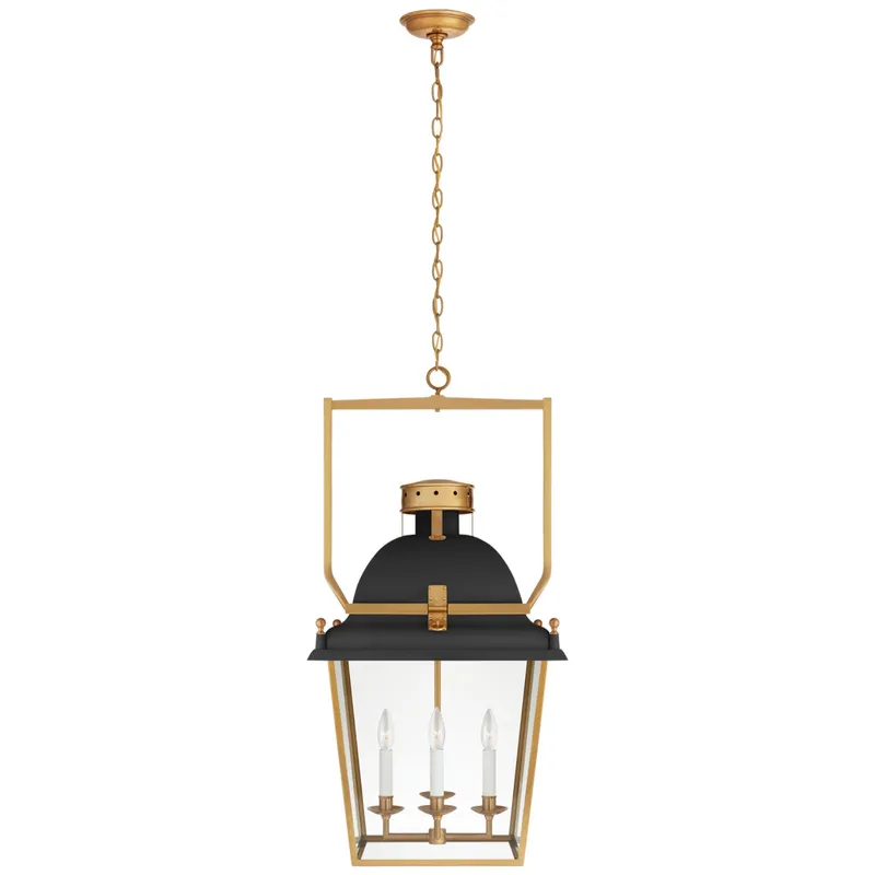 Chapman & Myers Coventry Medium Lantern in Matte Black and Antique-Burnished Brass with Clear Glass Ceiling Light W19" x H36.5"