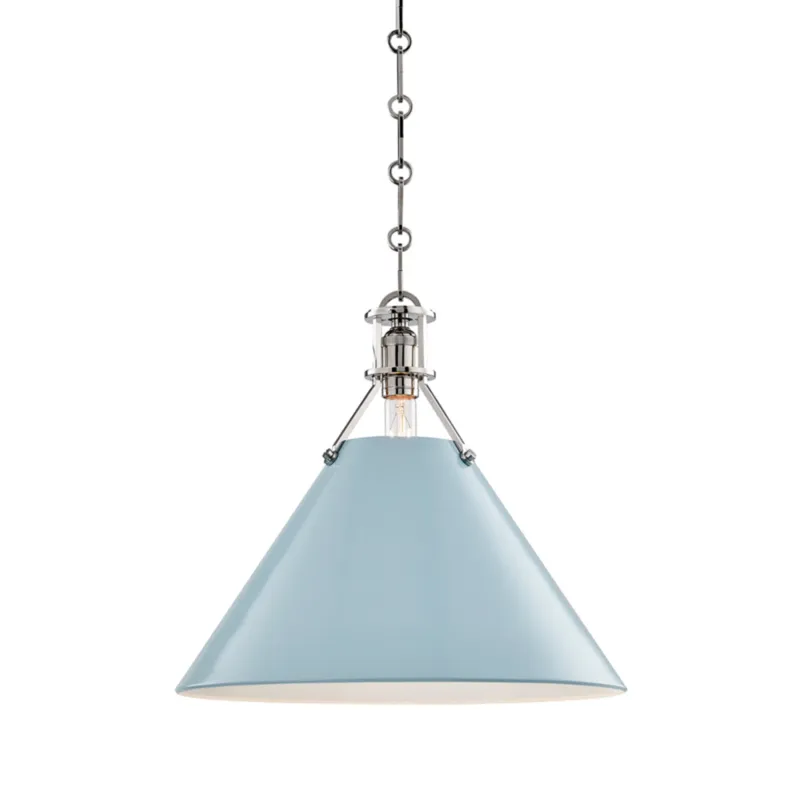 Painted No. 2 1-Light Pendant in Polished Nickel by Mark D. Sikes 16W x 14.5H (Blue Bird)