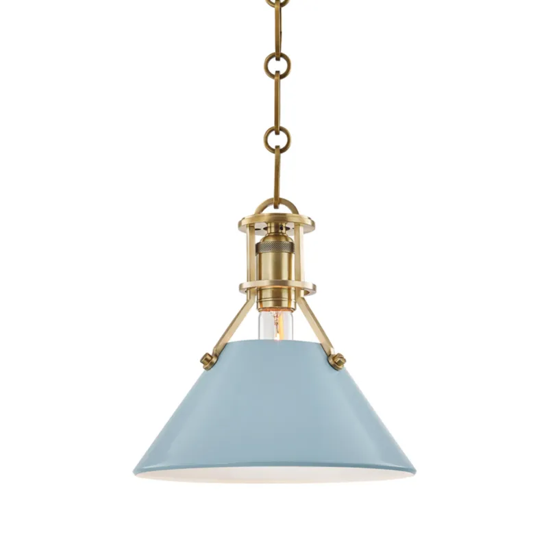 Painted No. 2 1-Light Pendant in Aged Brass by Mark D. Sikes 9.5W x 9.25H (Blue Bird)