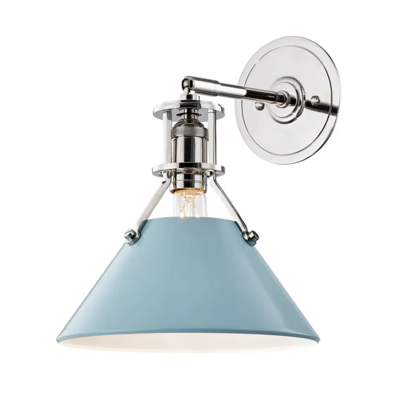 Painted No. 2 1-Light Wall Sconce in Polished Nickel by Mark D. Sikes 9.5W x 11.75H (Blue Bird)