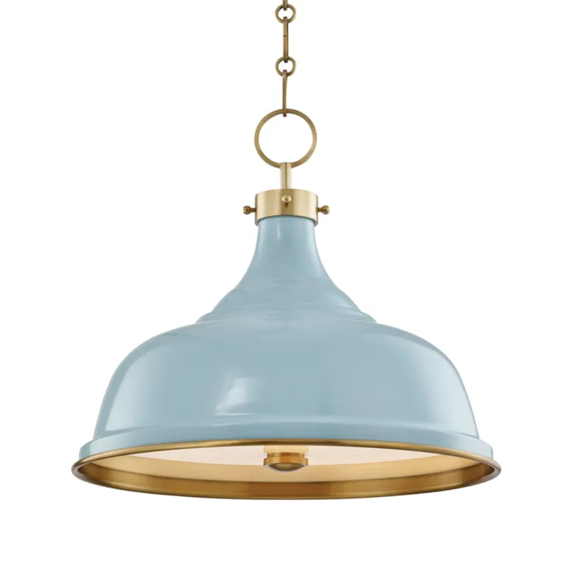Painted No. 1 3-Light Pendant in Aged Brass by Mark D. Sikes 18W x 16H (Blue Bird)