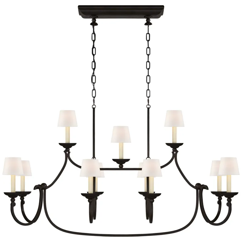 Chapman & Myers Flemish Large Linear Pendant in Aged Iron with Linen Shades Ceiling Light W51.25"