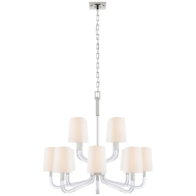 Chapman & Myers Reagan Medium Two Tier Chandelier in Polished Nickel and Crystal with Linen Shades Ceiling Light W37" x H29.75"
