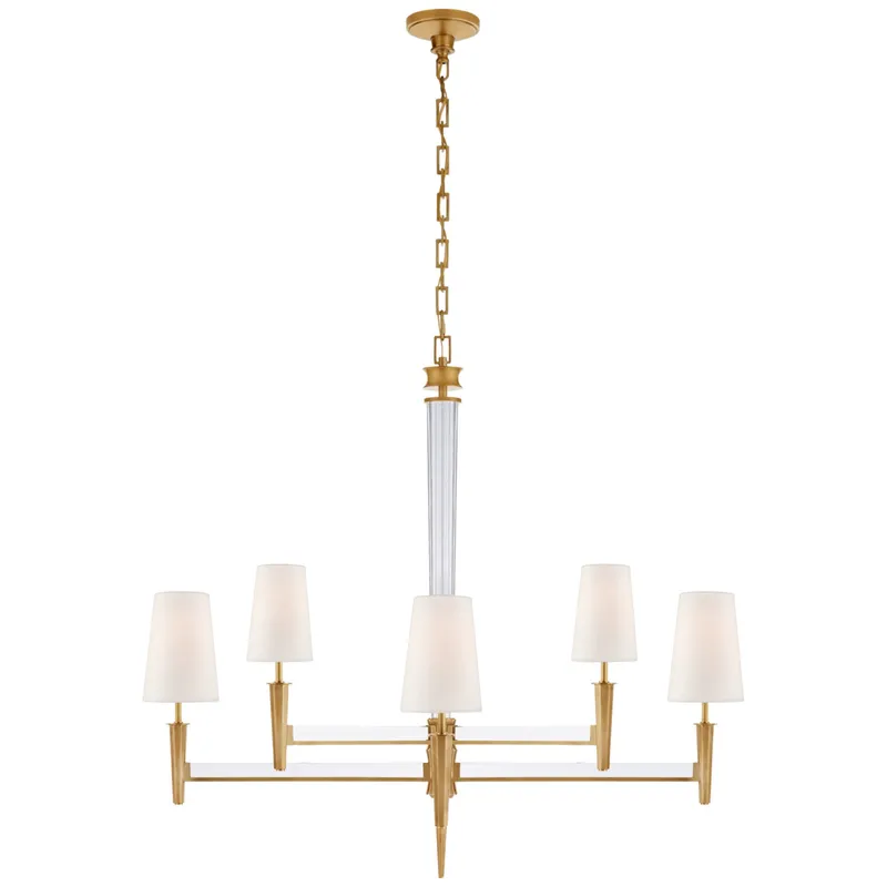 Thomas O'Brien Lyra Two Tier Chandelier in Hand-Rubbed Antique Brass and Crystal with Linen Shades Ceiling Light W42.5" x H39"
