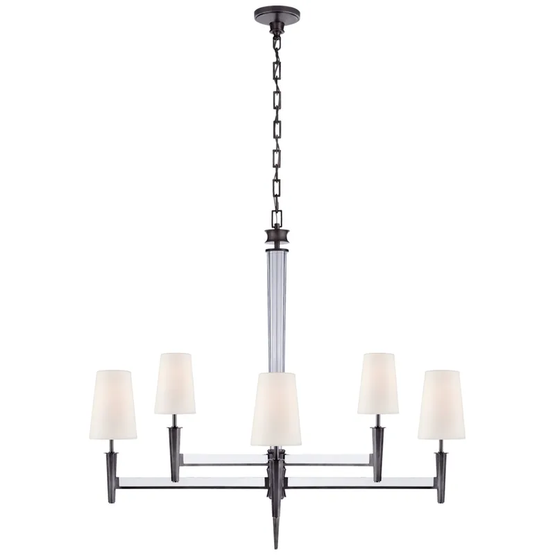 Thomas O'Brien Lyra Two Tier Chandelier in Bronze and Crystal with Linen Shades Ceiling Light W42.5" x H39"