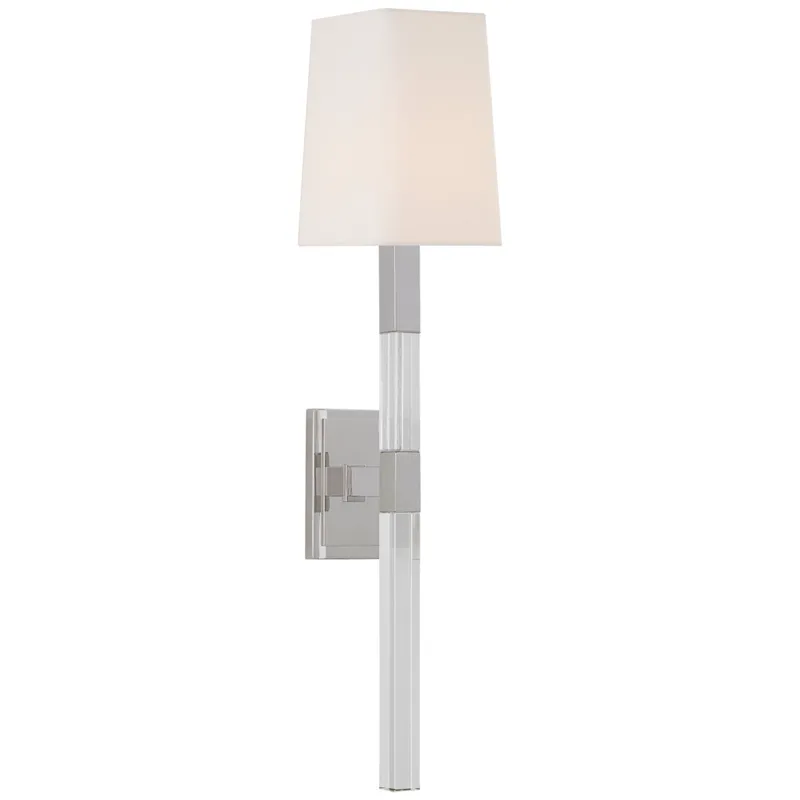 Chapman & Myers Reagan Medium Tail Sconce in Polished Nickel and Crystal with Linen Shade Wall Light W5" x H24.75"