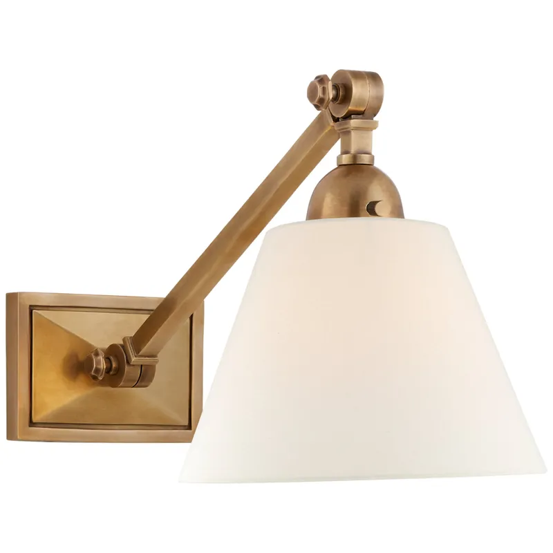 Alexa Hampton Jane Single Library Wall Light in Hand-Rubbed Antique Brass with Linen Shade W7.5" x H8.75" - 9.75"